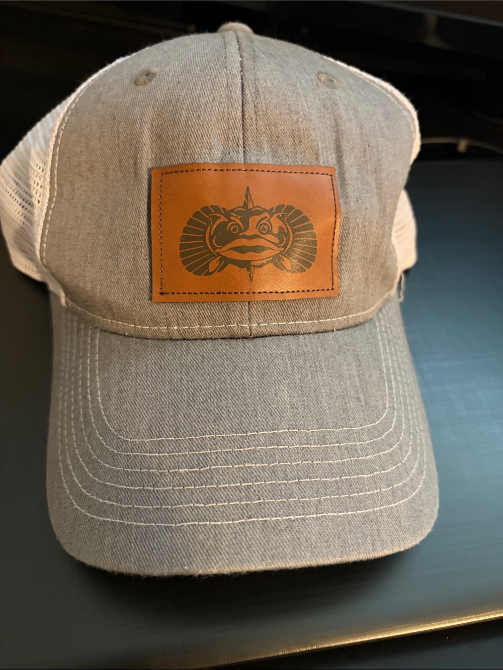 Toadfish Gray and White Mesh Trucker Hat with Leather Patch